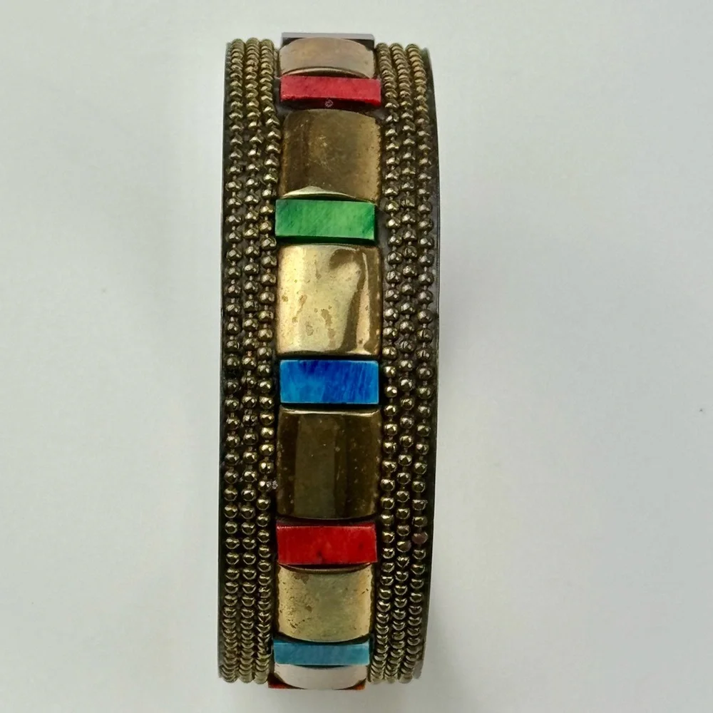 Unique Vintage 80s‎ - Early 90s Brass Colorful Beaded Thick Bangle Bracelet